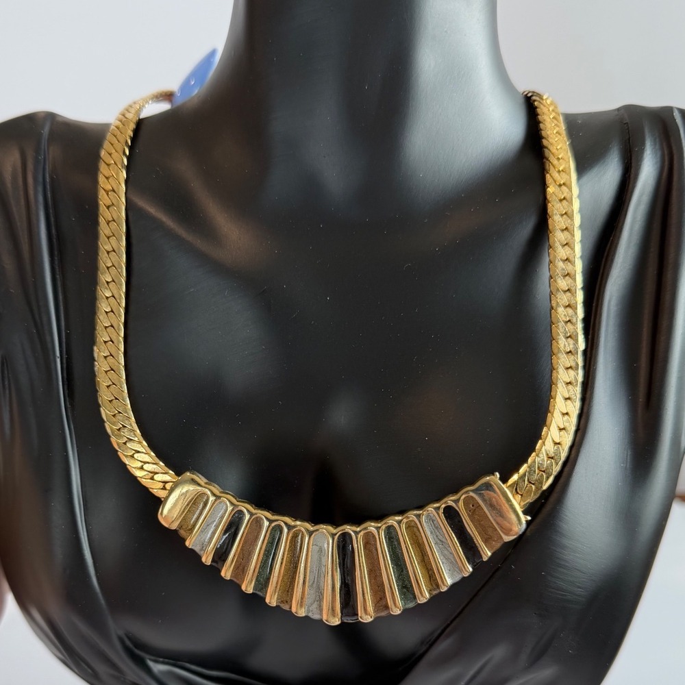 Vintage Solid Copper Cleopatra Collar Necklace Gold Tone Egyptian Revival 16in